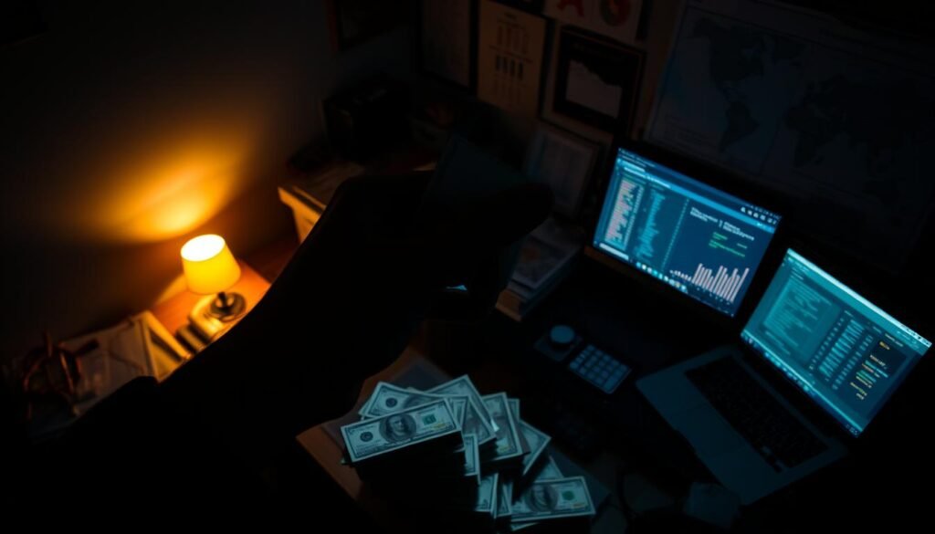 A shadowy, dimly-lit room with a cluttered desk and a laptop displaying financial data. In the foreground, a hand counting stacks of cash, casting an ominous shadow. The walls are adorned with maps and charts, hinting at the intricate web of money laundering activities. The lighting is dramatic, creating a sense of tension and unease. A high-angle shot emphasizes the clandestine nature of the scene, while the muted color palette conveys a sense of secrecy and subterfuge. An air of mystery and danger permeates the image, reflecting the risks and challenges associated with criminal financial activities.