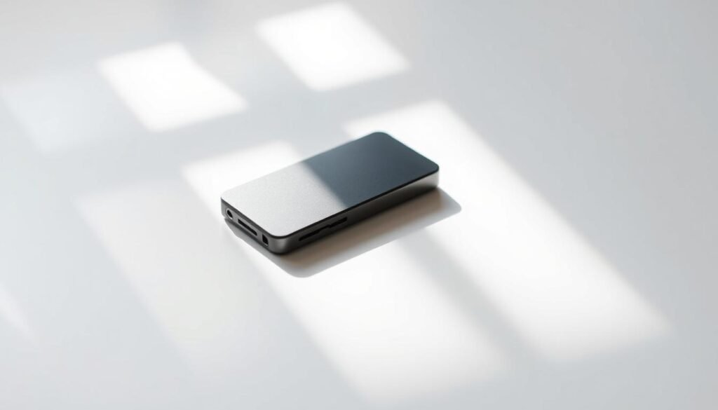 A sleek and minimal ergonomic ledger nano device resting on a clean, white surface. The device is lit from the side, creating soft shadows that accentuate its smooth, matte finish and simple, yet refined design. The angle showcases the device's ergonomic shape, highlighting how it would comfortably fit in the user's hand. The background is blurred, keeping the focus on the device and its intuitive, user-friendly form factor. The overall scene conveys a sense of modern, high-quality craftsmanship and attention to detail, reflecting the device's role as a reliable and accessible cryptocurrency hardware wallet.