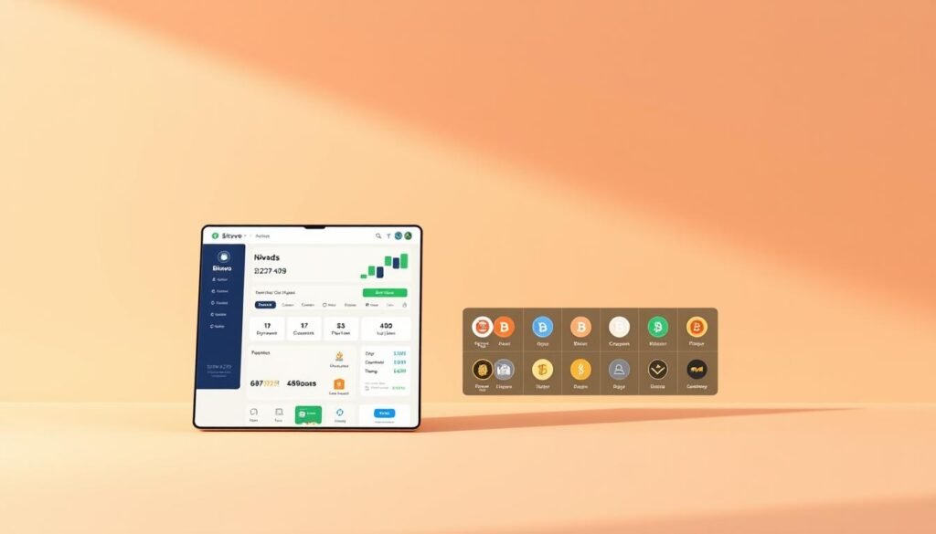 A sleek and modern financial platform, Bitvavo, set against a minimalist backdrop. The foreground features a clean, intuitive interface with subtle branding elements, highlighting the platform's simplicity and user-friendly design. The middle ground showcases a range of cryptocurrencies, each represented by a well-crafted icon, emphasizing the breadth of investment options. The background is a soft, muted gradient, creating a sense of sophistication and professionalism. The overall composition conveys a sense of clarity, accessibility, and low-cost trading, reflecting Bitvavo's core values. Warm, directional lighting casts a gentle glow, enhancing the contemporary aesthetic.