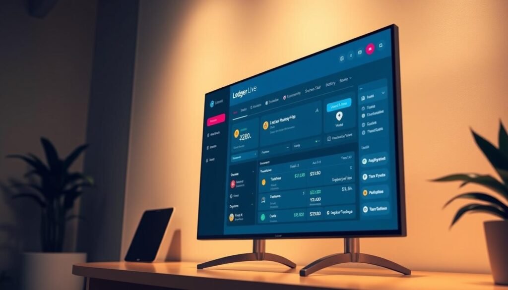 A sleek and modern installation of the Ledger Live software on a high-resolution display. The interface features a clean, minimalist design with intuitive navigation elements and a vibrant color scheme. The screen shows a detailed overview of the user's cryptocurrency portfolio, including real-time asset values, transaction history, and secure access to their Ledger Nano X hardware wallet. The scene is illuminated by a soft, warm lighting that creates a comfortable and professional atmosphere, suitable for a financial management application. The camera angle is slightly elevated, providing a clear and comprehensive view of the Ledger Live dashboard.
