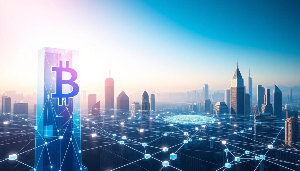 A sleek, futuristic blockchain network with interlocking digital nodes and cryptographic pathways. The foreground features a towering blockchain symbol, its geometric form glowing with an ethereal blue light. In the middle ground, a complex web of interconnected cubes and prisms representing the decentralized ledger, bathed in a warm, hazy glow. The background depicts a cityscape of towering skyscrapers, their angular facades hinting at the technological innovations that blockchain enables. The overall scene conveys a sense of precision, innovation, and the vast potential of blockchain technology.