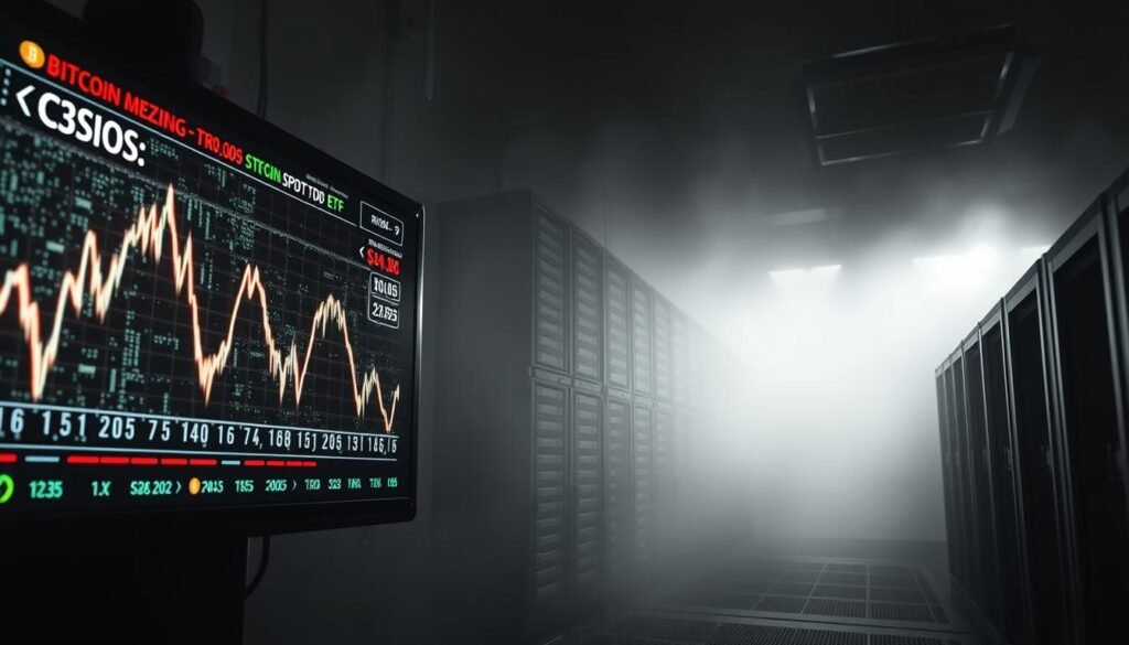 A sleek, high-contrast image showcasing the risks and challenges associated with Bitcoin spot ETFs. In the foreground, a digital display depicts plummeting cryptocurrency prices and market volatility, casting an ominous glow. In the middle ground, a towering wall of circuit boards and server racks symbolizes the complex infrastructure underlying these financial instruments. The background is shrouded in a hazy, uncertain atmosphere, suggesting the unpredictable nature of this emerging asset class. The lighting is dramatic, with deep shadows and harsh highlights, conveying a sense of unease and caution. The overall composition evokes the precarious balance between opportunity and risk inherent in Bitcoin spot ETFs.