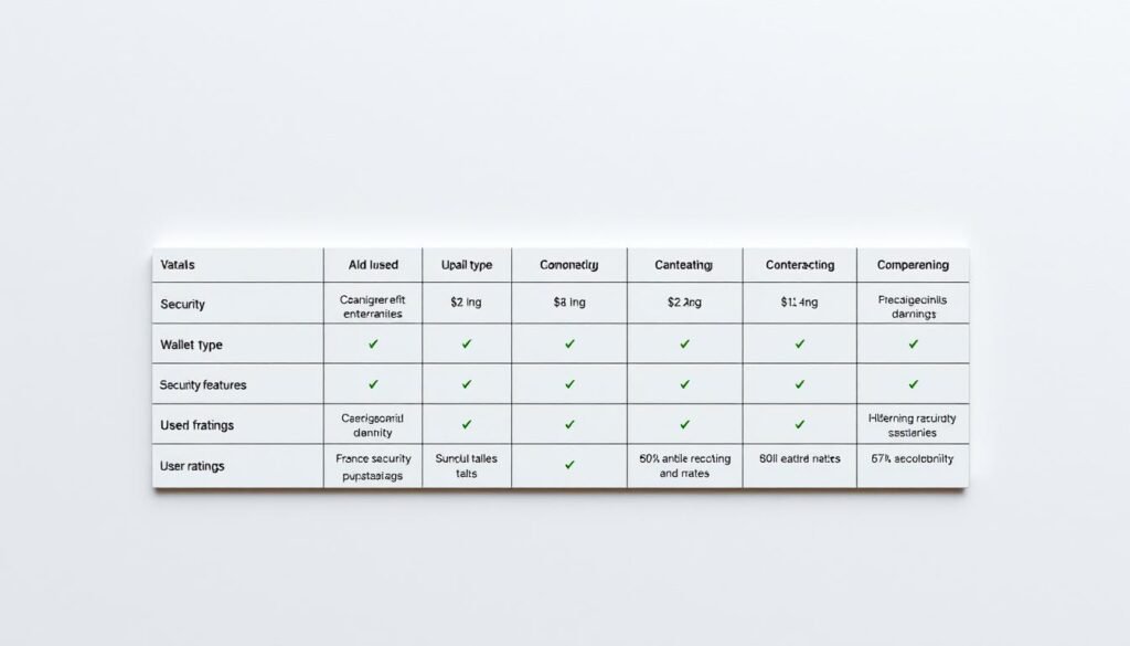 A sleek, high-resolution comparison of popular cryptocurrency wallets used in France. A centered table displays key details like wallet type, security features, and user ratings, showcased against a clean, minimalist background with a touch of metallic sheen. The layout is professional and visually appealing, allowing users to easily compare and contrast the wallet options. Soft, directional lighting casts subtle shadows, creating depth and highlighting the essential information. The overall tone is authoritative, informative, and tailored to the French market, perfectly complementing the article's subject matter.