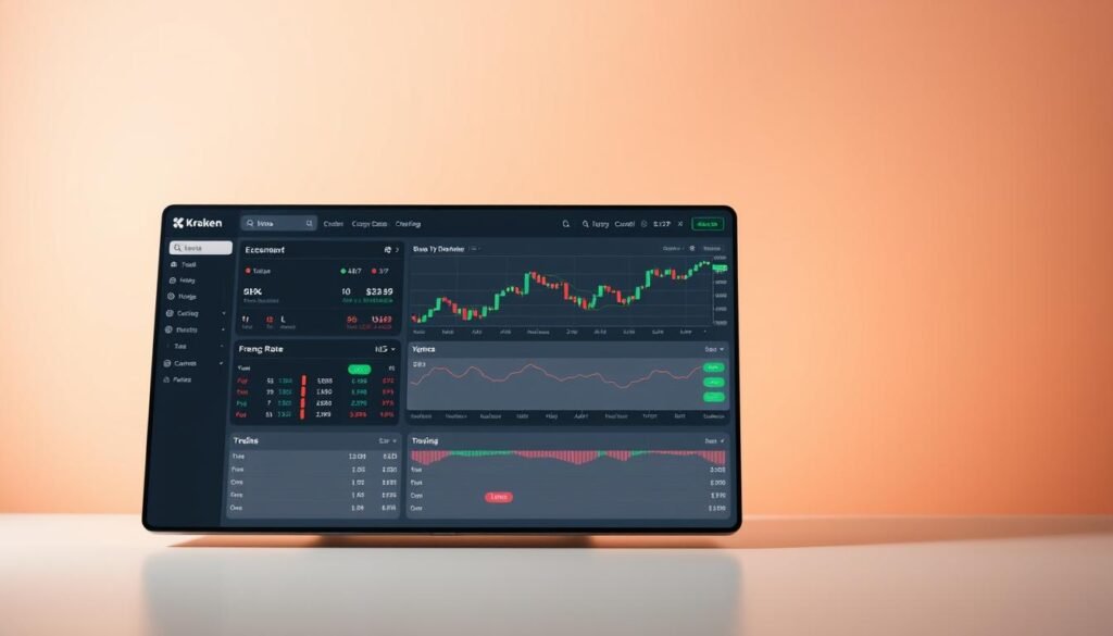 A sleek, intuitive user interface for the Kraken cryptocurrency exchange, showcasing a clean, modern design with clear navigational elements. The foreground features a streamlined dashboard with customizable widgets, exchange rate data, and intuitive trading controls. The middle ground presents a robust charting tool with technical indicators, allowing users to analyze market trends. In the background, a subtle gradient backdrop complements the platform's branding, creating a polished and professional appearance. Soft, indirect lighting highlights the interface's clarity and usability, conveying a sense of trust and reliability. The overall composition and attention to detail reflect the Kraken exchange's commitment to providing an exceptional user experience.