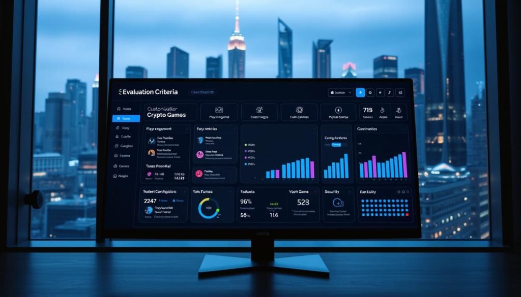 A sleek, modern evaluation criteria dashboard displayed on a sophisticated, dark-themed computer display. The foreground features a series of customizable, interactive tiles showcasing key metrics for evaluating crypto games, such as player engagement, revenue potential, token economics, and security. The middle ground showcases a visually striking, futuristic user interface with minimalist design elements and subtle animations, creating an immersive, high-tech atmosphere. In the background, a cityscape of towering, neon-lit skyscrapers is visible through the window, adding a sense of urban sophistication and technological advancement. Lighting is balanced, with a cool, blue-tinted glow providing a professional, corporate ambiance. The overall scene conveys a sleek, data-driven approach to evaluating the viability and profitability of crypto gaming ventures.
