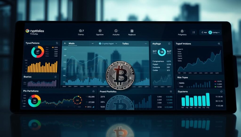 A sophisticated portfolio management dashboard displaying a comprehensive overview of a diverse crypto asset portfolio. The foreground features elegant data visualizations and interactive charts, allowing the user to analyze investment performance, diversification, and risk management. The middle ground showcases a 3D model of a shiny cryptocurrency coin, casting reflections on the sleek display. The background depicts a blurred city skyline, hinting at the global scale and digital nature of the crypto markets. The lighting is soft and moody, creating a sense of professionalism and authority. The overall atmosphere conveys a balanced, analytical, and informed approach to crypto portfolio management.