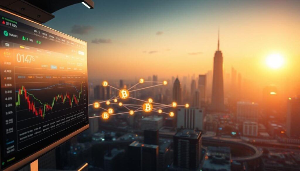 A sophisticated trading platform with advanced crypto services, illuminated by soft, directional lighting. In the foreground, a sleek user interface displays real-time trading data, charts, and analytics tools. In the middle ground, a network of digital transactions flows seamlessly, represented by glowing blockchain symbols. In the background, a cityscape of skyscrapers and infrastructure symbolizes the global scale of the crypto ecosystem. The overall atmosphere conveys a sense of technological prowess, financial innovation, and the future of digital finance.