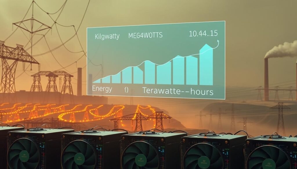 A sprawling blockchain network, its intricate nodes pulsing with energy consumption. In the foreground, a trio of mining rigs, their fans whirring as they crunch complex computational puzzles. Hovering above, a translucent overlay depicting energy usage metrics - kilowatts, megawatts, terawatt-hours - visualizing the staggering scale of the blockchain's power demands. The background fades into a hazy, industrial landscape, smokestacks and power lines cutting across the horizon, symbolizing the environmental impact of this emerging technology. Lit by a warm, amber glow, the scene conveys a sense of both awe and unease, inviting the viewer to contemplate the delicate balance between innovation and sustainability. A sprawling blockchain network, its intricate nodes pulsing with energy consumption. In the foreground, a trio of mining rigs, their fans whirring as they crunch complex computational puzzles. Hovering above, a translucent overlay depicting energy usage metrics - kilowatts, megawatts, terawatt-hours - visualizing the staggering scale of the blockchain's power demands. The background fades into a hazy, industrial landscape, smokestacks and power lines cutting across the horizon, symbolizing the environmental impact of this emerging technology. Lit by a warm, amber glow, the scene conveys a sense of both awe and unease, inviting the viewer to contemplate the delicate balance between innovation and sustainability.