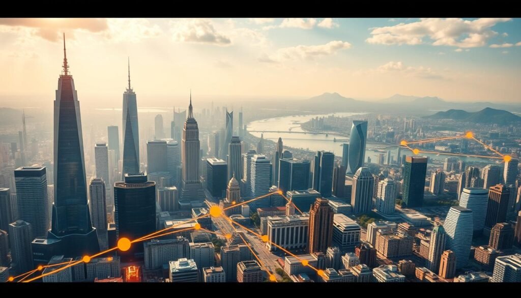 A sprawling metropolis with gleaming skyscrapers and a bustling financial district. In the foreground, a network of blockchain nodes and decentralized protocols intertwine, symbolizing the integration of real-world assets into the DeFi ecosystem. The middle ground features a diverse array of financial instruments, from tokenized real estate to commodity-backed securities, all seamlessly connected through smart contracts. The background depicts a serene, natural landscape, hinting at the harmony between the physical and digital realms. The scene is bathed in a warm, golden light, conveying a sense of progress, innovation, and the promise of a more inclusive and transparent financial future.