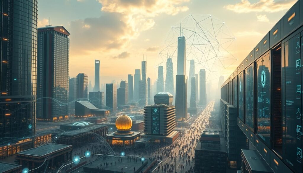A striking cityscape of a futuristic Web3 metropolis, with towering skyscrapers and interconnected data centers. In the foreground, a network of secure blockchain nodes and servers, their intricate circuitry visible through transparent casings. The middle ground features bustling streets and crowds of people, their digital avatars interacting seamlessly. In the background, a shimmering energy field envelops the city, representing the scalable, decentralized infrastructure powering the Web3 ecosystem. The lighting is a blend of warm, ambient tones and cool, technological hues, creating a sense of balance between the human and digital elements. The overall composition conveys the complexity, security, and potential of the evolving Web3 landscape.