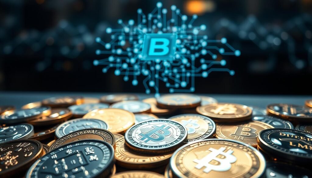 A striking close-up view of a diverse array of cryptocurrency coins and tokens, their surfaces intricately textured and reflecting a soft, ambient light. In the foreground, various cryptocurrencies known for their staking capabilities are prominently displayed, their shapes and sizes varied, creating a visually compelling arrangement. The middle ground features a holographic representation of a blockchain protocol, its intricate architecture and data flows elegantly visualized. The background is subtly blurred, hinting at the broader crypto ecosystem, creating a sense of depth and context. The overall mood is one of technological sophistication, innovation, and the potential for passive income generation through staking.