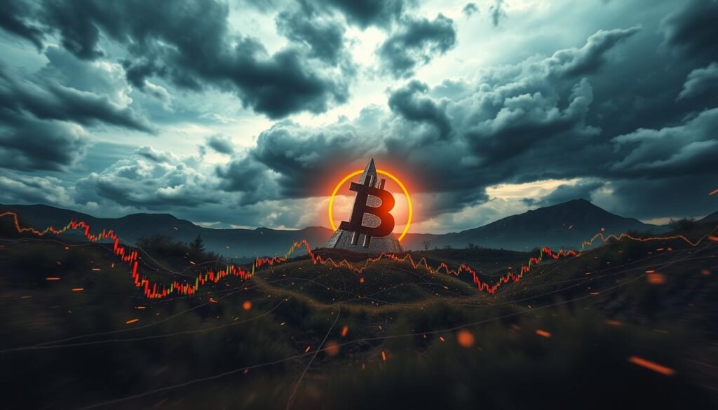 A striking landscape depicting the volatility of the Bitcoin market. In the foreground, a chaotic display of rapidly fluctuating Bitcoin charts and graphs, rendered in a dynamic, kinetic style. The middle ground features a towering, angular cryptocurrency symbol, its sharp edges reflecting the unpredictable nature of the digital asset. In the background, a stormy, unsettled sky with ominous clouds, suggesting the inherent risks and uncertainty surrounding the cryptocurrency. The overall composition conveys a sense of tension and turbulence, reflecting the volatile nature of the Bitcoin market. Lighting is dramatic, with high contrast and dramatic shadows, creating an intense, foreboding atmosphere. A striking landscape depicting the volatility of the Bitcoin market. In the foreground, a chaotic display of rapidly fluctuating Bitcoin charts and graphs, rendered in a dynamic, kinetic style. The middle ground features a towering, angular cryptocurrency symbol, its sharp edges reflecting the unpredictable nature of the digital asset. In the background, a stormy, unsettled sky with ominous clouds, suggesting the inherent risks and uncertainty surrounding the cryptocurrency. The overall composition conveys a sense of tension and turbulence, reflecting the volatile nature of the Bitcoin market. Lighting is dramatic, with high contrast and dramatic shadows, creating an intense, foreboding atmosphere.