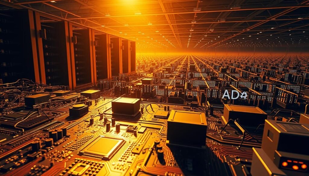 A stunning landscape of blockchain technology, bathed in a warm, golden light. In the foreground, intricate circuit boards and digital ledgers shimmer, their complexity captured in crisp detail. The midground features towering data servers, their sleek, metallic frames casting long shadows across the scene. In the background, a vast network of interconnected nodes and blockchain nodes stretch out, creating a mesmerizing visual tapestry. The overall atmosphere is one of innovation, power, and technological wonder, perfectly suited to illustrate the "Perspectives techniques et innovations récentes" section of the Cardano (ADA) article.