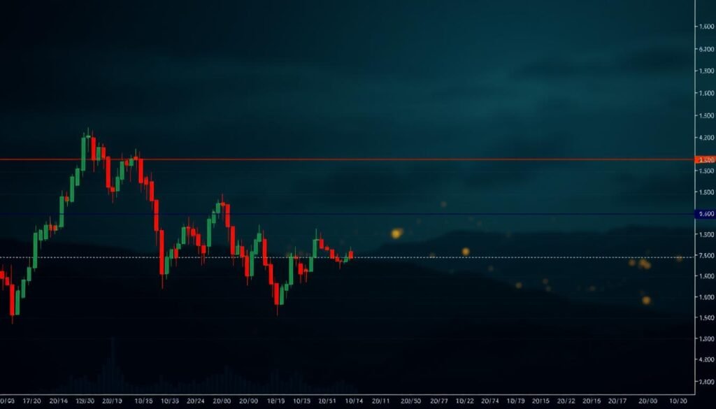 A technical analysis chart depicting the end of a bull run, with candlestick patterns and indicators signaling a potential reversal. The foreground features a line graph with downward-trending lines, while the middle ground showcases a variety of technical analysis tools such as Bollinger Bands, moving averages, and oscillators. The background depicts a dimly lit financial landscape, with subtle hints of a bullish market transitioning into a bearish phase. The overall mood is one of cautious optimism, as the chart suggests the need for strategic planning and risk management during the late stages of a sustained market uptrend.