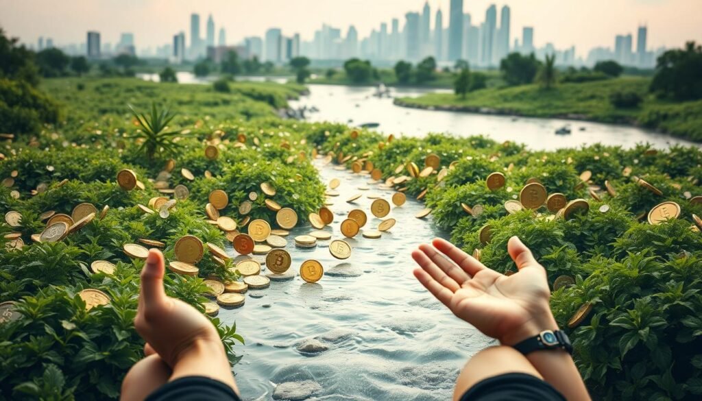 A tranquil and serene landscape, where a diverse array of cryptocurrencies flourish like a lush garden. In the foreground, a person sits peacefully, their hands outstretched, palms upturned, as if cradling the digital assets. The middle ground features a flowing river of blockchain technology, its transparent waters reflecting the gleaming coins. In the background, a skyline of skyscrapers and futuristic cityscapes, representing the urban centers where passive crypto revenue opportunities abound. Soft, diffused lighting bathes the scene, creating a warm, inviting atmosphere, conveying the notion of effortless wealth generation through passive crypto investments.