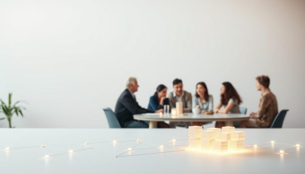 A tranquil, minimalist scene showcasing the fundamentals of blockchain technology for beginners. In the foreground, a simple, abstract blockchain diagram unfolds, its blocks and connections illuminated by soft, diffused lighting. In the middle ground, a group of people, diverse in age and background, gather around a table, engaged in a thoughtful discussion, their faces lit by the warm glow of the blockchain visualization. The background features a clean, minimal environment, perhaps a conference room or workshop setting, creating a sense of focus and clarity. The overall mood is one of contemplation, learning, and the exploration of this transformative technology.