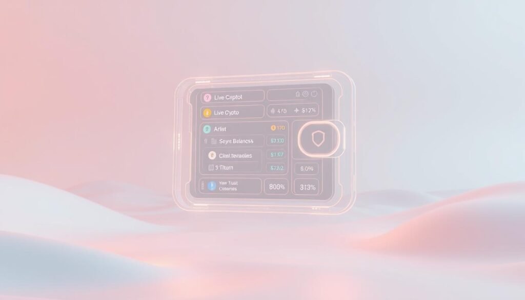 A transparent, futuristic crypto wallet interface hovers in an ethereal, minimalist 3D environment. The wallet's sleek design features intuitive controls, live crypto balances, and secure authentication. Soft, ambient lighting casts a warm glow, creating a sense of trust and digital tranquility. The scene is captured from a slightly elevated, front-facing angle, allowing the wallet's key features to be clearly visible. The background is a simple, gradient-based landscape devoid of distractions, allowing the wallet to be the focal point. Overall, the image conveys the secure, user-friendly, and technologically advanced nature of a modern crypto wallet.