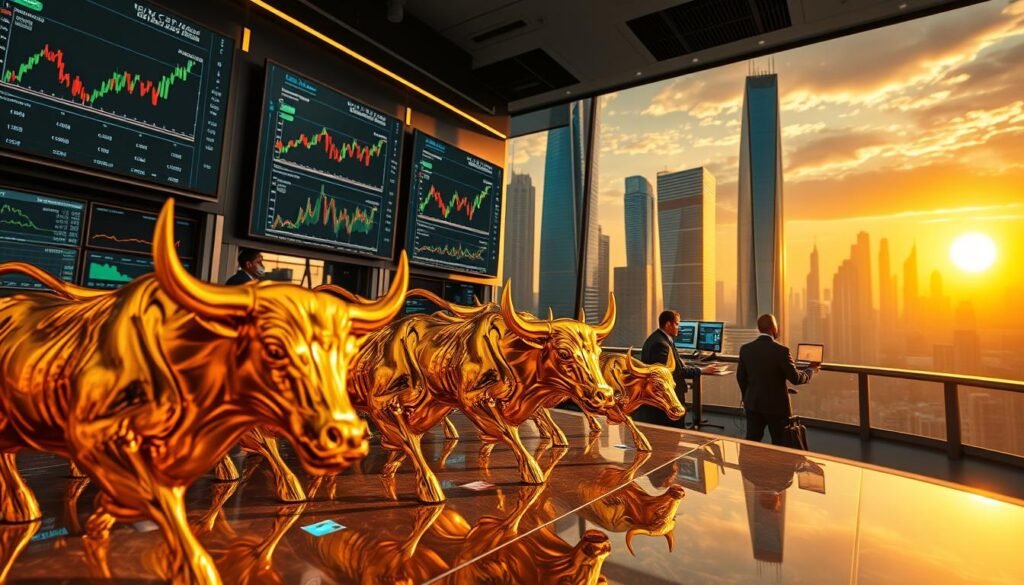 A vibrant and dynamic crypto bull run scene, captured with a wide-angle lens. In the foreground, a herd of charging bull figurines made of gleaming gold and silver, their horns and muscles etched in exquisite detail. The midground features a bustling crypto trading floor, with brokers and analysts intently monitoring multiple screens displaying skyrocketing price charts. In the background, a futuristic cityscape of towering glass and steel towers, bathed in a warm, golden glow from the setting sun. The overall mood is one of excitement, momentum, and the promise of exponential wealth creation. The image conveys the essence of the crypto bull run phenomenon in a visually captivating and technically impressive manner.