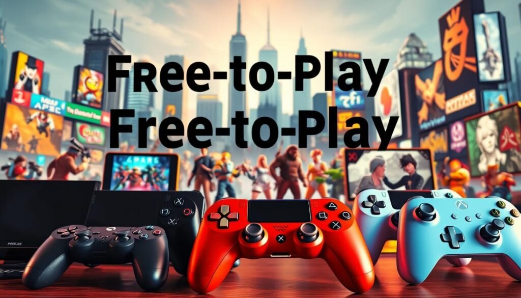 A vibrant and inviting scene showcasing a variety of free-to-play video games. In the foreground, an array of sleek, modern gaming devices and controllers, casting a warm glow. In the middle ground, a collection of game characters and icons representing different genres, from action-adventure to puzzle and strategy. The background features a stylized cityscape, with towering skyscrapers and neon-lit billboards, hinting at the diverse digital landscape. The overall composition is balanced, with a sense of depth and dynamism, capturing the excitement and accessibility of the "free-to-start" gaming experience.