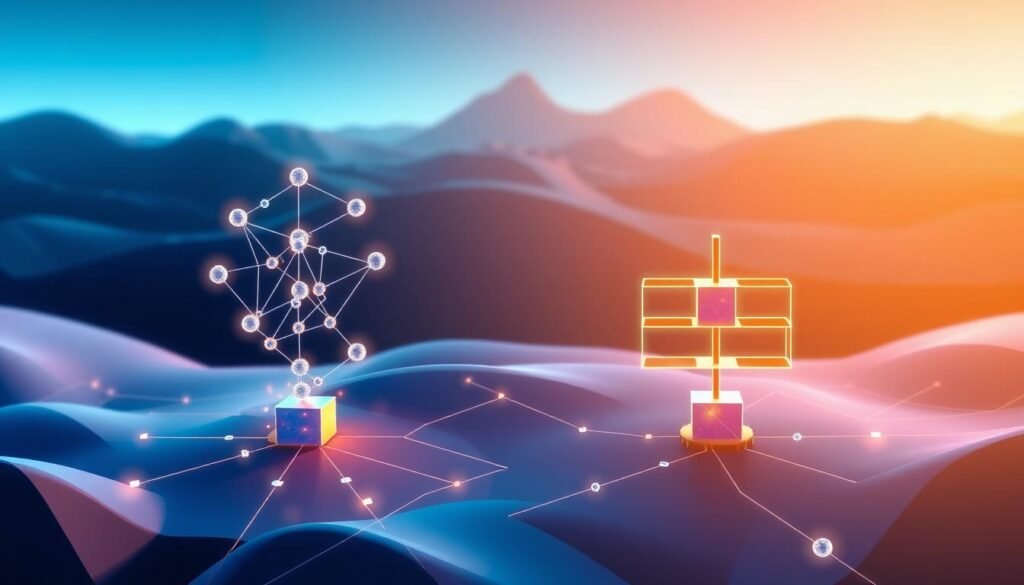 A vibrant, expertly composed illustration depicting the key differences between public and private blockchains. In the foreground, a clear, high-resolution visualization showcases the decentralized, transparent nature of public blockchains, with nodes and blocks connected in a dynamic, interlocking network. In the midground, a private blockchain system is represented by a centralized, hierarchical structure, emphasizing the controlled access and restricted visibility. The background features a sleek, minimalist landscape, bathed in cool, evocative lighting that enhances the technical, conceptual feel. The overall composition strikes a balance between technical detail and visual elegance, creating an informative and aesthetically pleasing image.