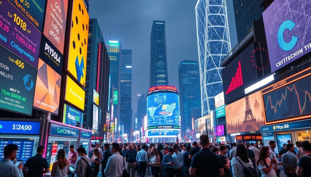 A vibrant, futuristic cityscape at night, with skyscrapers and neon-lit billboards showcasing cryptocurrency exchange rates and blockchain technology. In the foreground, a diverse crowd of people gather around digital kiosks, examining their cryptocurrency wallets on sleek mobile devices. The middle ground features a bustling financial district, with traders and analysts poring over real-time market data displayed on large, holographic screens. In the background, a towering, futuristic-looking financial center dominates the skyline, its facade adorned with abstract, digital patterns. The scene is illuminated by a warm, ambient lighting, creating a sense of dynamism and innovation in the world of cryptocurrency.