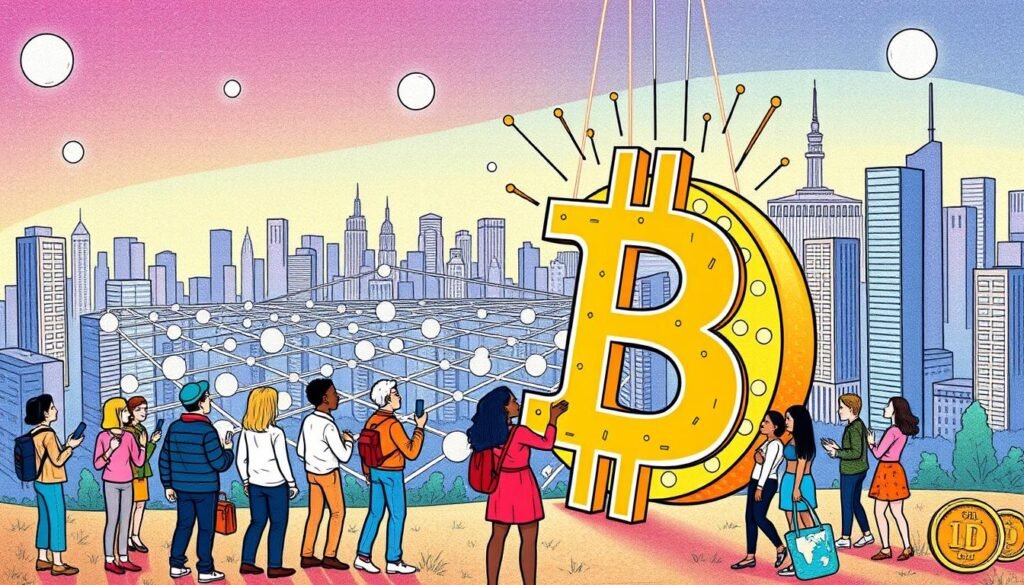 A vibrant, hand-drawn illustration depicting the fundamental concepts of cryptocurrencies for beginners. In the foreground, a diverse cast of characters interact with a stylized cryptocurrency symbol, exploring its inner workings. The middle ground showcases a blockchain visualization, with data nodes and transactions flowing seamlessly. In the background, a cityscape filled with skyscrapers and digital infrastructure creates a sense of technological progress. The overall scene radiates a sense of curiosity, education, and financial empowerment, inviting the viewer to delve into the world of cryptocurrencies. Rendered in a warm, organic color palette with a touch of whimsy, the image aims to demystify the complex topic and make it accessible to novice investors.