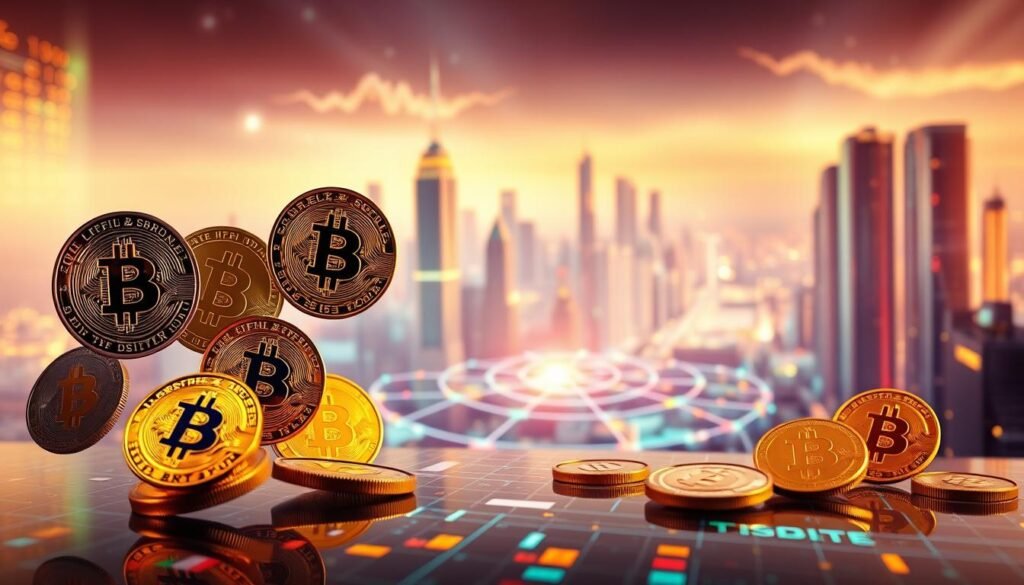 A vibrant, high-resolution image showcasing the principal cryptocurrencies. In the foreground, a collection of digital coins, each with its unique design and branding, floating against a blurred background. The coins are illuminated by a soft, directional light, casting subtle shadows and highlights that give them a sense of depth and materiality. In the middle ground, a dynamic, futuristic landscape of holographic displays, data streams, and abstract geometric patterns, representing the technology and infrastructure underlying the crypto ecosystem. In the distant background, a cityscape of towering skyscrapers and advanced technology, bathed in a warm, neon-tinged atmosphere that conveys the global scale and impact of the cryptocurrency revolution. The overall mood is one of innovation, progress, and the transformative potential of digital finance.