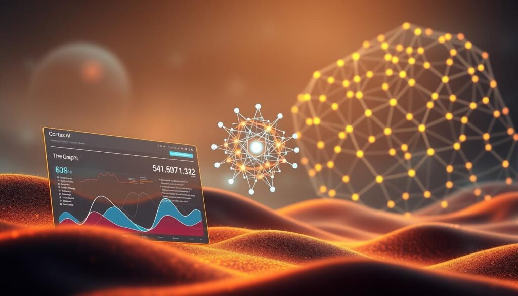 A vibrant, holistic landscape showcasing the complementary blockchain projects. In the foreground, a sleek and futuristic data visualization dashboard representing The Graph, with smooth lines and dynamic charts. In the middle ground, an intricate neural network diagram depicting the Cortex AI platform, its nodes and connections pulsing with energy. In the background, an abstract blockchain network, its distributed ledger illuminated by glowing nodes and interconnected pathways. The scene is bathed in a warm, ambient lighting, creating a sense of depth and technological elegance. The overall composition conveys the synergistic nature of these innovative blockchain solutions.