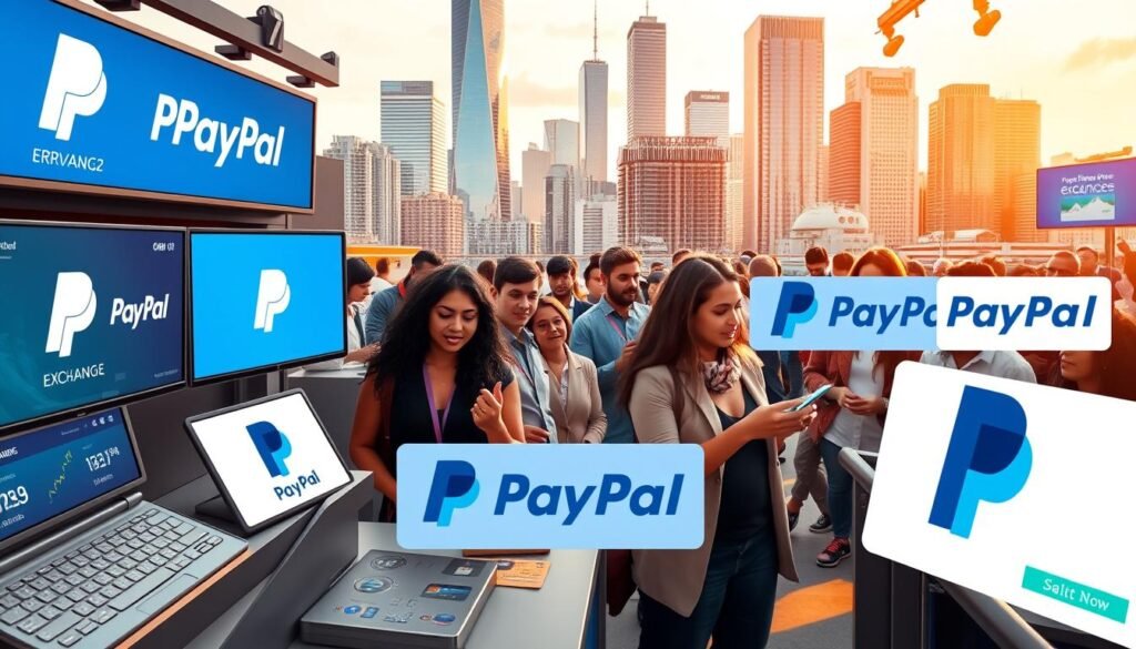 A vibrant marketplace displaying various cryptocurrency exchange platforms, all proudly accepting PayPal as a payment method. The foreground showcases sleek, modern exchange logos and interfaces, inviting users to explore their options. In the middle ground, people of diverse backgrounds are engaged in seamless transactions, their faces alight with the ease of the process. The background features a cityscape with towering skyscrapers, reflecting the global reach and sophistication of the crypto ecosystem. The scene is bathed in warm, natural lighting, conveying a sense of trust and reliability. The overall composition emphasizes the accessibility and integration of PayPal within the thriving cryptocurrency trading landscape.