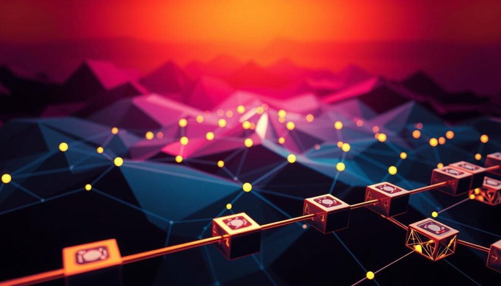 A visually-striking diagram depicting the core functionality of a blockchain network. In the foreground, a series of interconnected blocks, each with a distinct geometric pattern, form a continuous chain. The middle ground showcases nodes or computers dispersed across the network, connected by glowing lines, representing the decentralized infrastructure. In the background, a vibrant, abstract landscape of overlapping geometric shapes and gradients sets the tone, evoking the technical complexity and innovative nature of blockchain technology. The lighting is dramatic, with high-contrast shadows and highlights, emphasizing the depth and dimensionality of the scene. The camera angle is slightly elevated, providing an immersive, bird's-eye view of the blockchain in action.