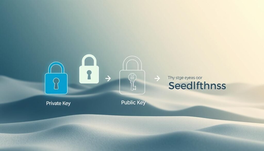A visually striking illustration depicting the key differences between private key, public key, and seed phrase in cryptocurrency. The foreground features three distinct digital keys - a private key represented by a secure, encrypted lock, a public key as an open, unlocked icon, and a seed phrase visualized as a string of alphanumeric characters. The middle ground showcases these elements interacting, highlighting their complementary roles in the cryptocurrency ecosystem. The background is a minimalist, tech-inspired landscape with a sense of depth and dimension, setting an authoritative, informative tone. Soft, diffused lighting creates a clean, professional aesthetic, while carefully considered camera angles and perspectives emphasize the conceptual relationships between the key components.