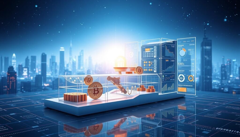 A visually striking illustration of the inner workings and innovative structure of a Bitcoin Spot ETF. In the foreground, a sleek, minimalist 3D model of the ETF's core components - the custody of the underlying Bitcoin assets, the automated market-making mechanisms, and the secure blockchain-based infrastructure. In the middle ground, a series of transparent data visualizations and infographics revealing the ETF's real-time trading activity, holdings, and performance metrics. In the background, an immersive, futuristic cityscape bathed in a cool, ethereal light, symbolizing the transformative potential of this new investment vehicle within the evolving digital asset landscape. Rendered with a high level of photorealism and technical precision to convey the sophistication and innovation of the Bitcoin Spot ETF concept.