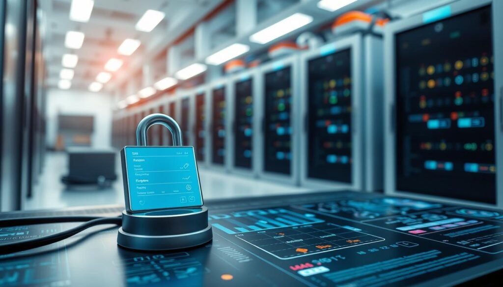 A well-lit, high-angle view of a secure cryptocurrency exchange platform, showcasing its robust security measures. In the foreground, a close-up of a two-factor authentication device and biometric scanner, conveying the platform's commitment to user safety. The middle ground features a sleek, modern interface with advanced encryption protocols and real-time transaction monitoring, all bathed in a cool, professional color palette. In the background, a data center with server racks and redundant power supplies, underscoring the platform's reliable infrastructure. The overall atmosphere exudes a sense of trust, stability, and cutting-edge technological prowess.