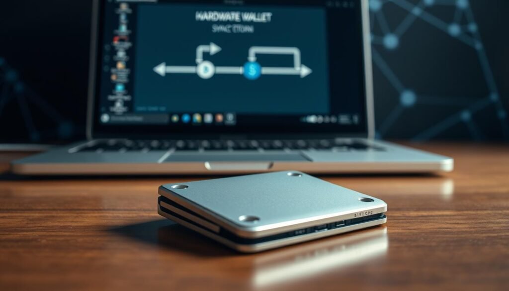 A well-lit, high-resolution image of a modern, secure cryptocurrency wallet setup. In the foreground, a sleek, minimalist hardware wallet device rests on a wooden surface. Behind it, a laptop or desktop computer displays a digital cryptocurrency wallet interface, showcasing the pairing and synchronization process. The background features a subtle blockchain-inspired geometric pattern, suggesting the digital nature of cryptocurrency transactions. The overall scene conveys a sense of security, professionalism, and the importance of proper crypto asset management.