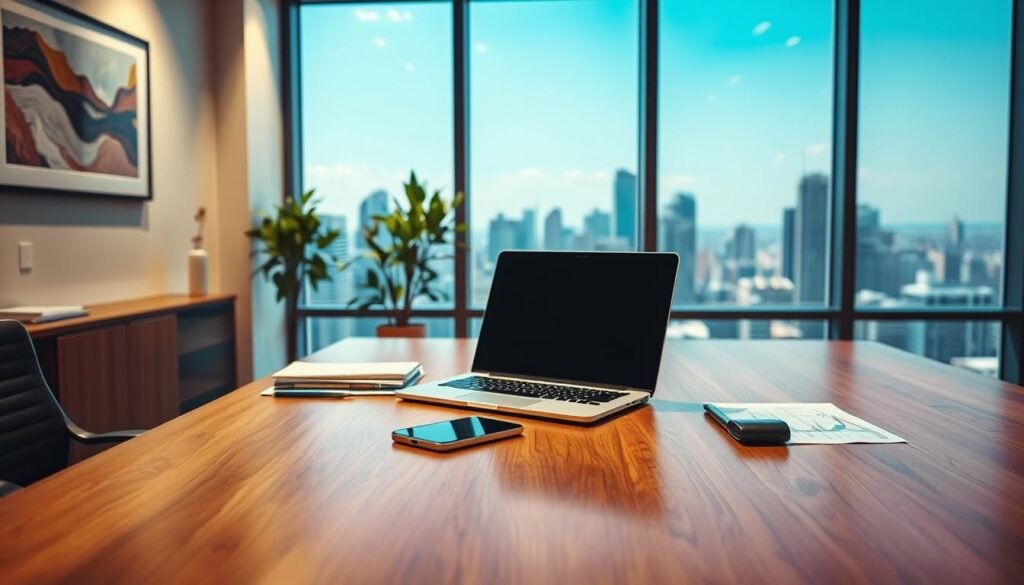 A well-lit office setting with a polished wooden desk in the foreground. On the desk, a laptop, smartphone, and a few financial documents. In the middle ground, a potted plant and a framed abstract artwork on the wall. The background features a large window overlooking a cityscape with skyscrapers and a clear blue sky. The lighting is soft and warm, creating a professional and serene atmosphere. The overall composition suggests a knowledgeable and experienced investor carefully optimizing their cryptocurrency portfolio.