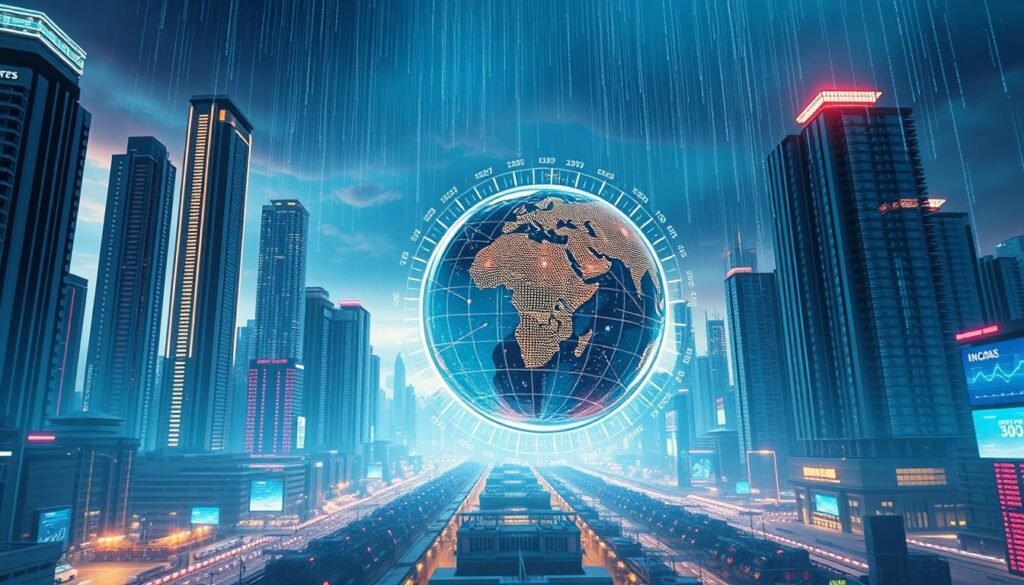 Analyze crypto market trends: a detailed visualization. A meticulously rendered futuristic cityscape, with towering skyscrapers and neon-lit streets. In the foreground, a dynamic data visualization displays fluctuating cryptocurrency prices, charts, and analytics. The middle ground features a holographic globe, rotating and pulsing with real-time market information. The background is a cinematic sky, with streaks of digital code cascading down like falling rain. Lighting is a mix of cool, futuristic tones and warm, technological hues. The overall atmosphere is one of data-driven insights and strategic market analysis.