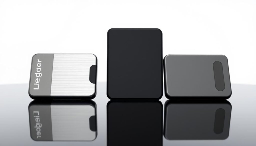 Comparaison of Ledger Nano cryptocurrency hardware wallets in a well-lit, sleek studio setting. Three Ledger Nano devices prominently displayed on a reflective black surface, showcasing their distinctive designs and size variations. Crisp, high-resolution rendering with subtle ambient lighting to highlight the devices' premium metal and matte finishes. Precise camera angle and depth of field to provide a clear, detailed view of the products. Minimal, clean background allows the wallets to be the focal point, emphasizing their functional elegance and suitability for secure digital asset storage.