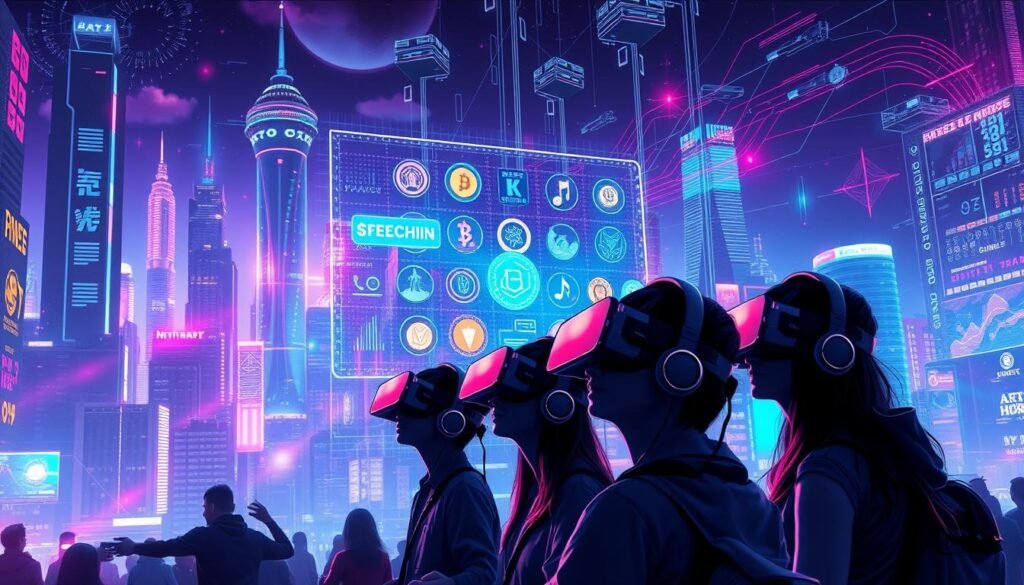 Concept play-to-earn révolution: A futuristic cityscape bathed in neon lights, with towering skyscrapers and a bustling technological landscape. In the foreground, a group of gamers immersed in virtual reality headsets, their movements and gestures suggesting an intense, captivating gaming experience. The middle ground features a holographic display showcasing various cryptocurrency symbols and game elements, symbolizing the integration of blockchain technology and gaming. The background is dominated by a vibrant, dynamic energy, with abstract data streams and digital patterns flowing across the scene, conveying a sense of innovation and the transformative potential of the play-to-earn revolution.