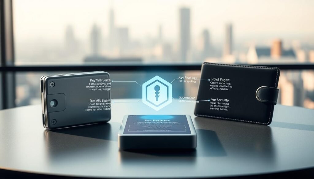 Detailed comparison of hardware and software cryptocurrency wallets, displayed on a sleek, modern table with a minimalist aesthetic. In the foreground, two wallets sit side-by-side - a sturdy, silver hardware wallet and a sleek, black software wallet. The middle ground showcases a holographic display, projecting key features and security capabilities of each wallet type. The background features a blurred cityscape, conveying a sense of urban sophistication. Soft, directional lighting casts subtle shadows, highlighting the wallets' distinct designs and emphasizing their differences. The overall scene radiates a sense of security, reliability, and technological prowess, perfectly aligning with the section's focus on the best practices for crypto storage.