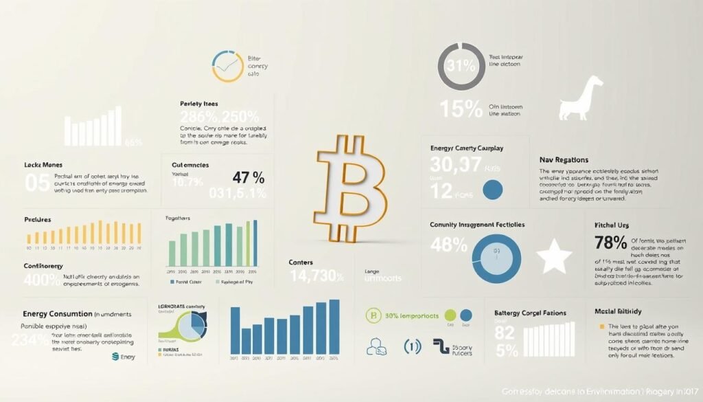 Detailed infographic depicting key statistics and data related to Bitcoin's energy consumption and environmental impact. Foreground shows various data visualizations, including charts, graphs, and figures, presented in a clean, minimalist style with a focus on legibility and clarity. Middle ground features a semi-transparent 3D model of a Bitcoin logo, subtly integrated into the overall composition. Background has a muted, neutral tone, placing emphasis on the data without distractions. Crisp, high-contrast lighting creates depth and highlights the informational elements. Composed to convey a sense of objective analysis and factual presentation.