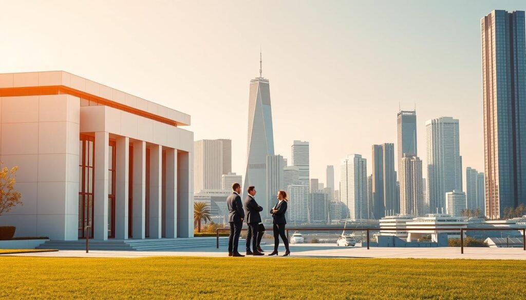 Detailed regulatory evolution of cryptocurrencies in France, depicted through a futuristic administrative landscape. In the foreground, a sleek, minimalist government building with clean lines and a glass façade, symbolizing the modern regulatory framework. In the middle ground, a group of individuals in business attire engaged in discussion, representing the collaboration between policymakers and the crypto industry. The background features a cityscape with towering skyscrapers, blending the traditional financial district with the emerging digital economy. The scene is bathed in warm, directional lighting, creating a sense of progress and optimism towards the future of crypto regulations in France.