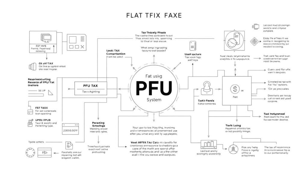 Detailed technical diagram illustrating the Flat Tax (PFU) system for cryptocurrencies. A clean, minimal, white-background layout with precise schematics, engineering diagrams, and flow charts. Crisp, high-contrast lines and shapes depict the mechanics of the PFU, including tax calculations, reporting requirements, and integration with crypto exchanges and wallets. The overall tone is informative and educational, guiding the viewer through the key aspects of this taxation policy. Rendered with a technical, engineering-inspired aesthetic that conveys authority and professionalism.