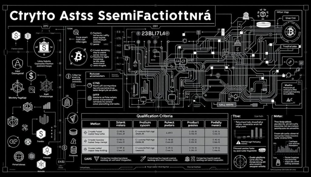 Detailed technical diagram of crypto asset qualification criteria, rendered in technical blueprint style. Foreground depicts various crypto asset symbols, icons, and categorization metrics. Middle ground shows a grid of data fields and decision points. Background features a complex network of interconnected lines, arrows, and data visualizations. Rendered with high-contrast monochrome palette, clean vector graphics, and a sense of analytical precision. Moody, authoritative, and informative tone.