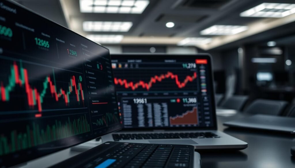 Detailed technical indicators displayed on a sleek, modern dashboard. The foreground features a series of charts, graphs, and numerical data visualizations showcasing stock performance metrics. The middle ground includes a laptop or tablet displaying real-time market information. The background depicts a dimly lit office environment with subtle lighting and a neutral color palette, creating a professional, analytical atmosphere. The composition should convey a sense of data-driven decision making and technical analysis for the crypto market, suitable for a beginner's guide on the subject.