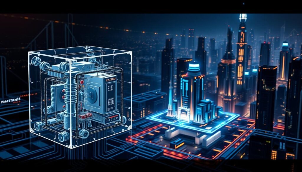 Mécanismes de validation et de sécurité blockchain. A detailed, technical rendering of the inner workings of a blockchain system. In the foreground, a transparent 3D visualization of the validation process, with nodes, blocks, and cryptographic hashes interlocking. In the middle ground, a cutaway view revealing the secure infrastructure - distributed ledgers, consensus algorithms, and tamper-resistant data structures. In the background, a futuristic cityscape with towers of data, crisscrossing networks, and glowing holographic interfaces. Dramatic lighting, high contrast, and a sense of complexity and robustness convey the sophistication of blockchain security mechanisms. Mécanismes de validation et de sécurité blockchain. A detailed, technical rendering of the inner workings of a blockchain system. In the foreground, a transparent 3D visualization of the validation process, with nodes, blocks, and cryptographic hashes interlocking. In the middle ground, a cutaway view revealing the secure infrastructure - distributed ledgers, consensus algorithms, and tamper-resistant data structures. In the background, a futuristic cityscape with towers of data, crisscrossing networks, and glowing holographic interfaces. Dramatic lighting, high contrast, and a sense of complexity and robustness convey the sophistication of blockchain security mechanisms.