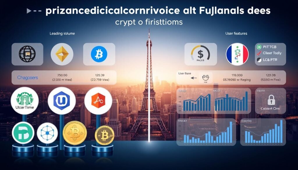 Prompt A detailed comparison of international and French cryptocurrency exchanges, presented in a sleek and modern visual style. In the foreground, distinctive logos of leading global and local platforms stand side by side, reflecting their distinct identities. The middle ground showcases dynamic charts and graphs, illustrating key metrics like trading volume, user base, and security features. The background depicts a vibrant cityscape, hinting at the global reach and local relevance of the crypto ecosystem. The overall composition conveys a sense of authority, clarity, and professionalism, befitting the subject matter. Subtle use of metallic accents and cool tones creates a high-tech, futuristic atmosphere.