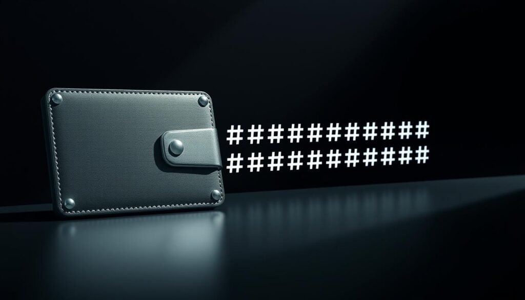 Prompt A secure crypto wallet with a complex password displayed on a sleek, minimalist background. The wallet is rendered in high detail, with a metallic sheen and precision-crafted design elements. The password is obfuscated, presented as a series of asterisks against a dark backdrop, conveying the importance of protecting digital assets. Subtle lighting from the side casts dramatic shadows, emphasizing the gravity of the subject matter. The overall composition is clean, elegant, and focused, drawing the viewer's attention to the core message of advanced wallet security.