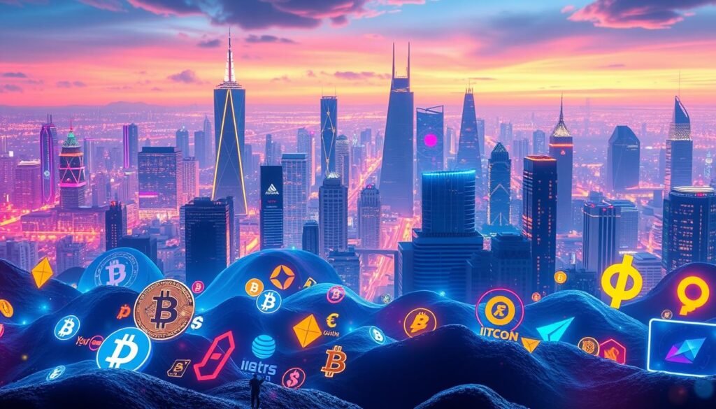 Prompt A sleek, futuristic landscape featuring a dynamic display of various cryptocurrency symbols and icons, illuminated against a backdrop of a cityscape with gleaming skyscrapers and a vibrant, neon-tinged night sky. The foreground showcases a selection of the most promising cryptocurrencies, their logos and symbols intricately rendered with a sense of depth and movement, hinting at their potential growth in the coming years. The middle ground depicts a bustling financial district, with traders and investors navigating the digital landscape, while the background imparts a sense of technological advancement and innovation. The overall scene conveys a visually striking and captivating representation of the promising crypto market in 2025.