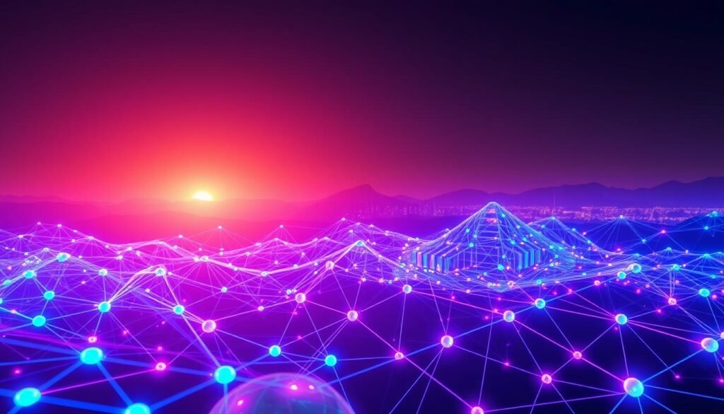 Render Network, a powerful high-performance computing network, depicted in a sleek, futuristic style. The foreground showcases a dynamic array of interconnected nodes, glowing with vivid hues of blue and purple, symbolizing the immense processing power at work. In the middle ground, a complex three-dimensional visualization of data flows and algorithms, rendered with intricate detail and precision. The background features a minimalist, yet striking landscape, with a gently curving horizon and a subtle hint of a technological cityscape, alluding to the broad applications of Render Network's capabilities. The overall scene is bathed in a warm, ambient lighting, creating a sense of energy and innovation, perfectly capturing the essence of this cutting-edge AI-driven computing platform.