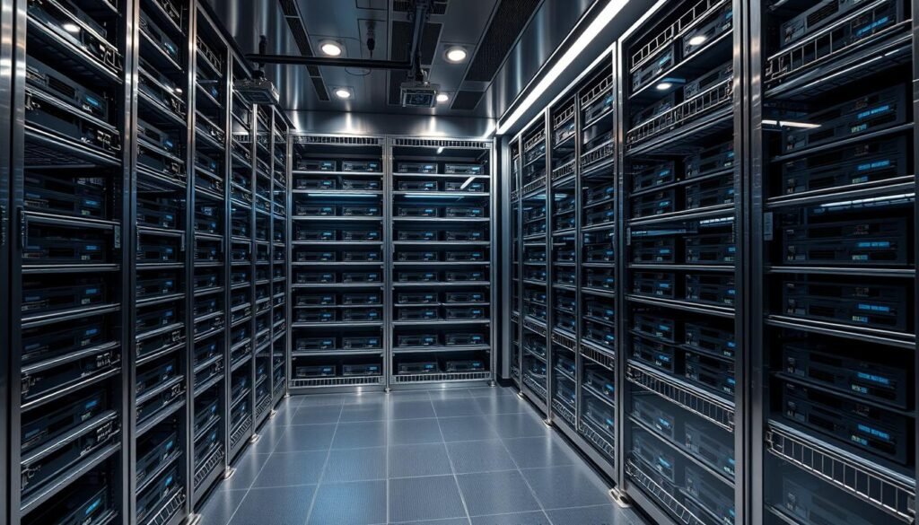 Secure crypto-currency storage: A modern vault with steel shelving, organized and protected. Soft lighting illuminates the rows of hardware wallets, each safeguarding digital assets. The room has a sleek, minimal design with a sense of security and order. Gleaming metal and tempered glass create an atmosphere of technological sophistication. Carefully positioned cameras and biometric scanners ensure only authorized access. This image conveys the practical precautions and best practices for responsible cryptocurrency investment. Secure crypto-currency storage: A modern vault with steel shelving, organized and protected. Soft lighting illuminates the rows of hardware wallets, each safeguarding digital assets. The room has a sleek, minimal design with a sense of security and order. Gleaming metal and tempered glass create an atmosphere of technological sophistication. Carefully positioned cameras and biometric scanners ensure only authorized access. This image conveys the practical precautions and best practices for responsible cryptocurrency investment.